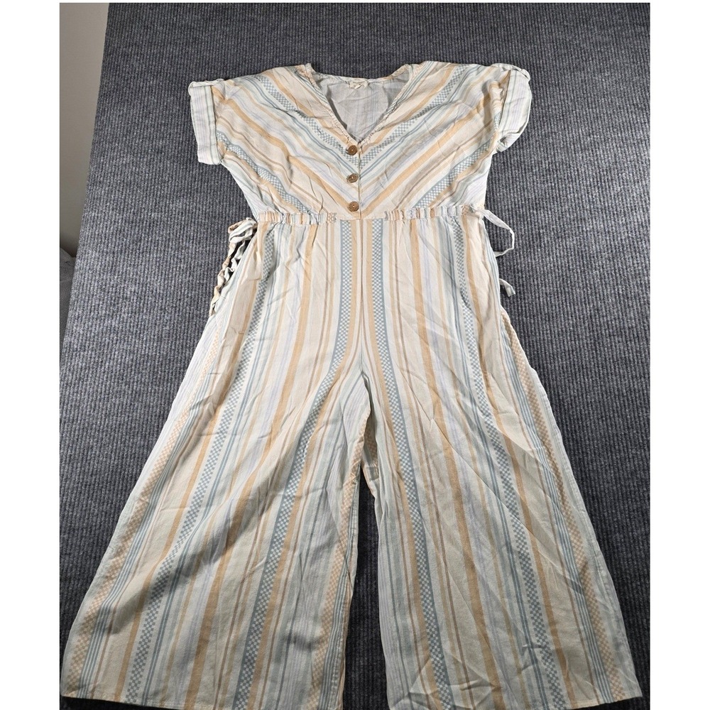 World Market Womens Striped Wide Leg Jumpsuit Blue‎ Tan Boho S/M